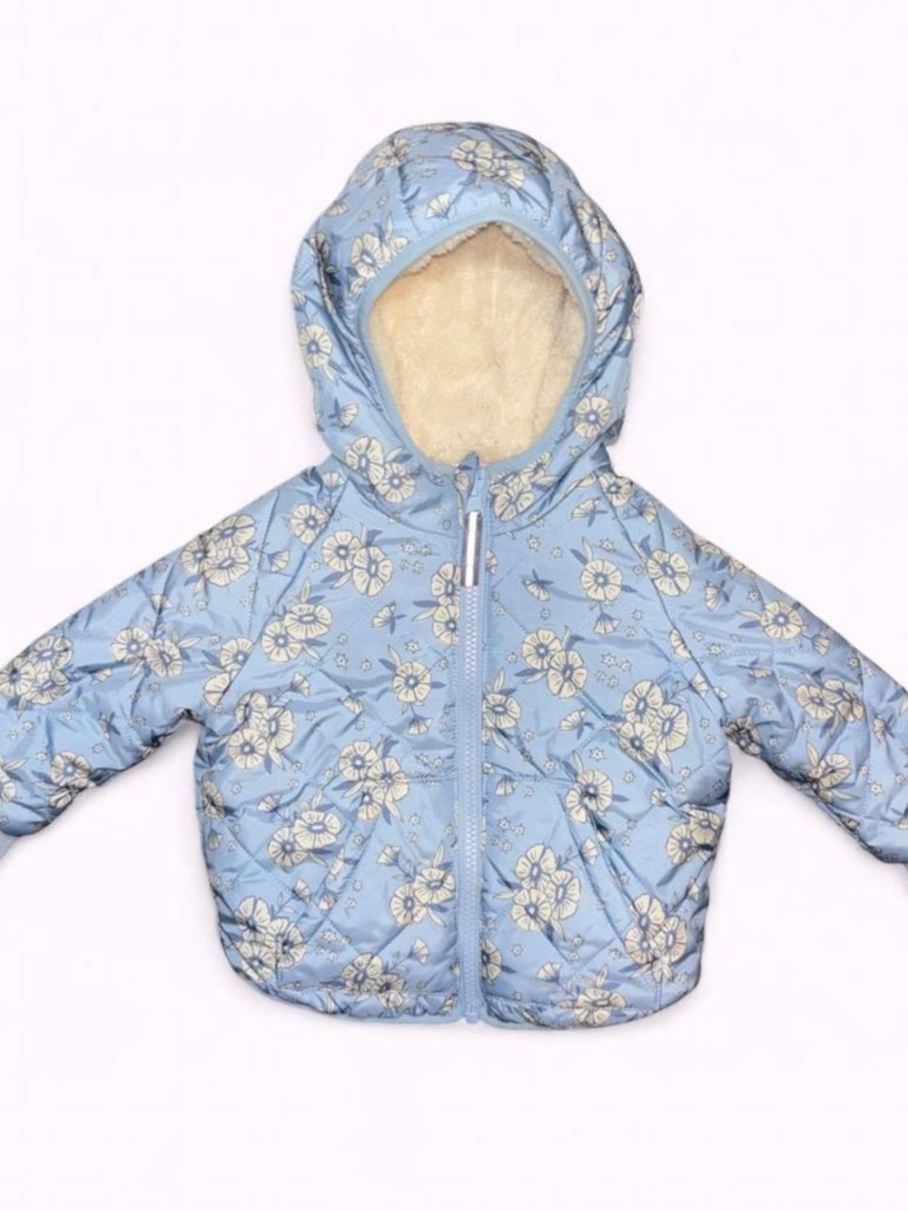 Cat & Jack Reversible Light Blue Floral Puffer Jacket with Cream Faux Fur